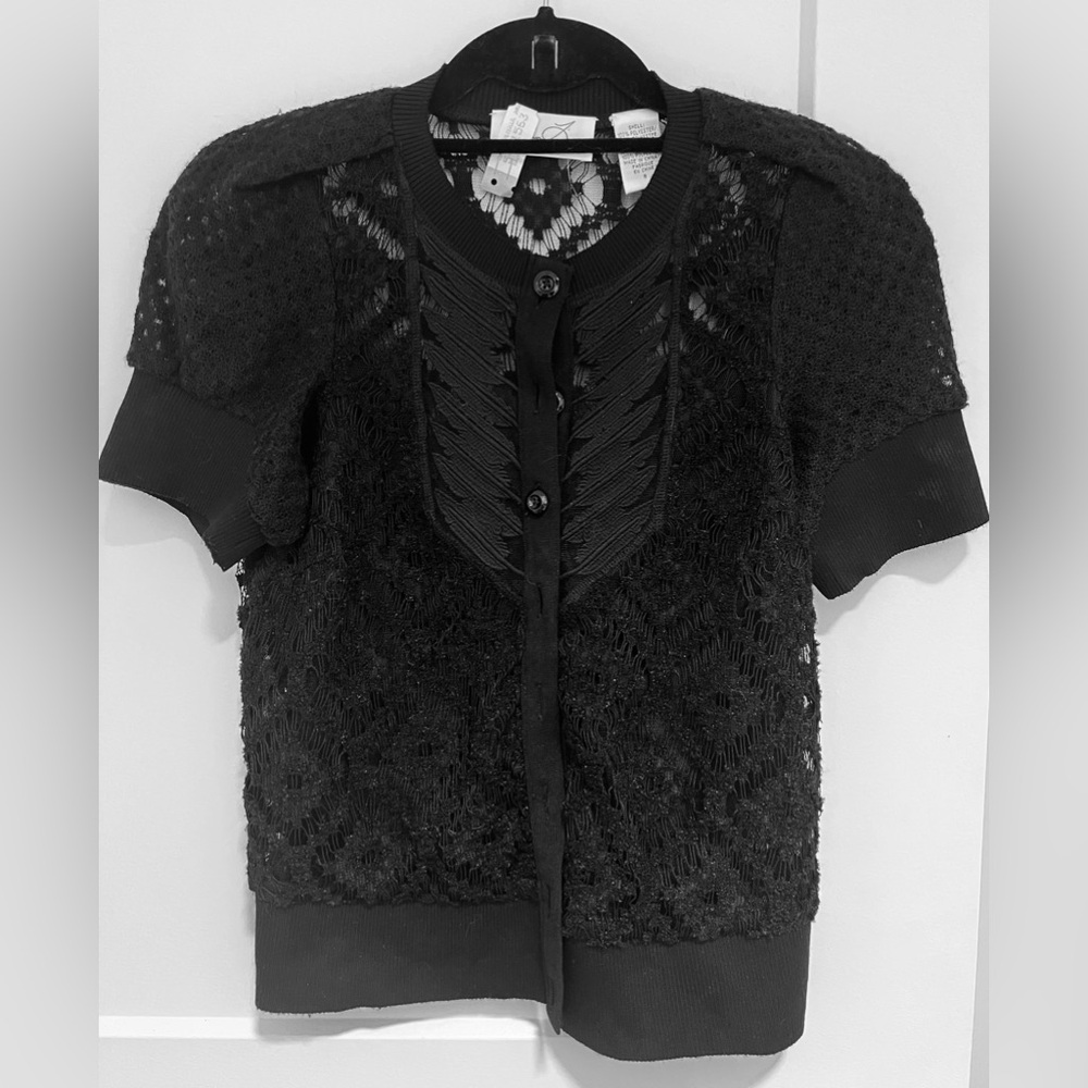 Black Lace Short Sleeve Button Up Cardigan/ Top